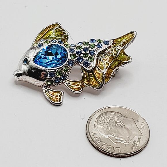 Vintage Monet Fish Brooch Blue Rhinestones Enamel Gold Fins Pin 1 1/2 Inch - Picture 7 of 9